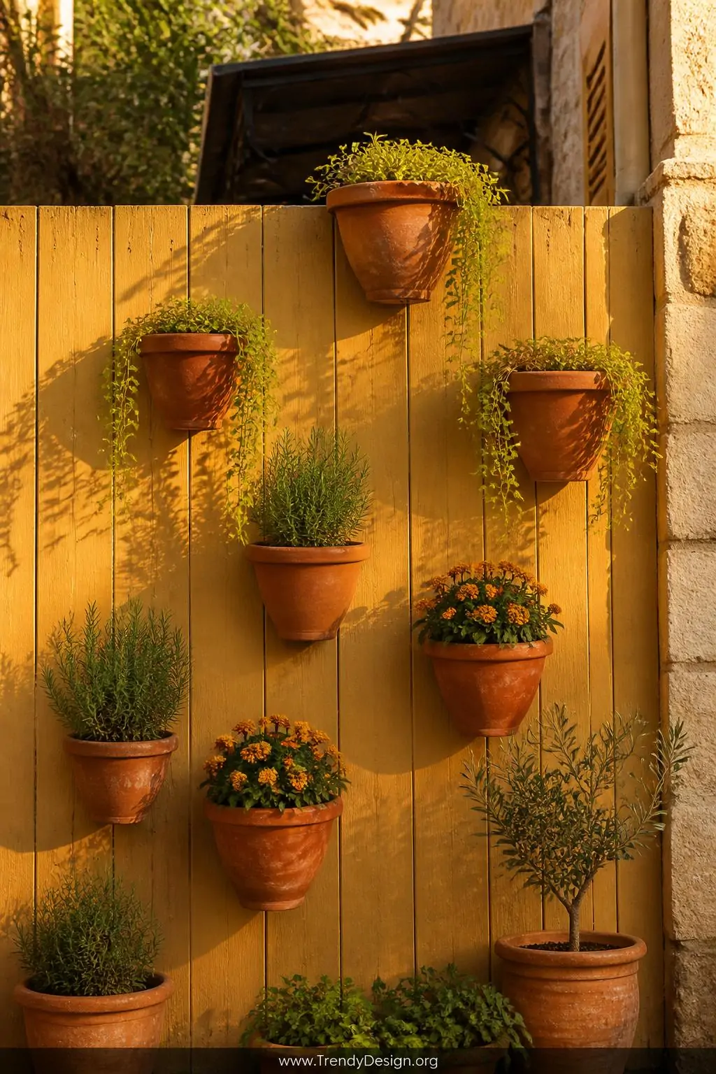 Terracotta pots mounted in an asymmetric staggered arrangement on a warm ochre-painted wooden fence in a Mediterranean courtyard garden, classic eclectic style, cascading golden creeping jenny spilling from upper pots while compact rosemary and burnt-orange marigolds fill lower brackets, rich late-afternoon amber light deepening the terracotta tones, medium shot.