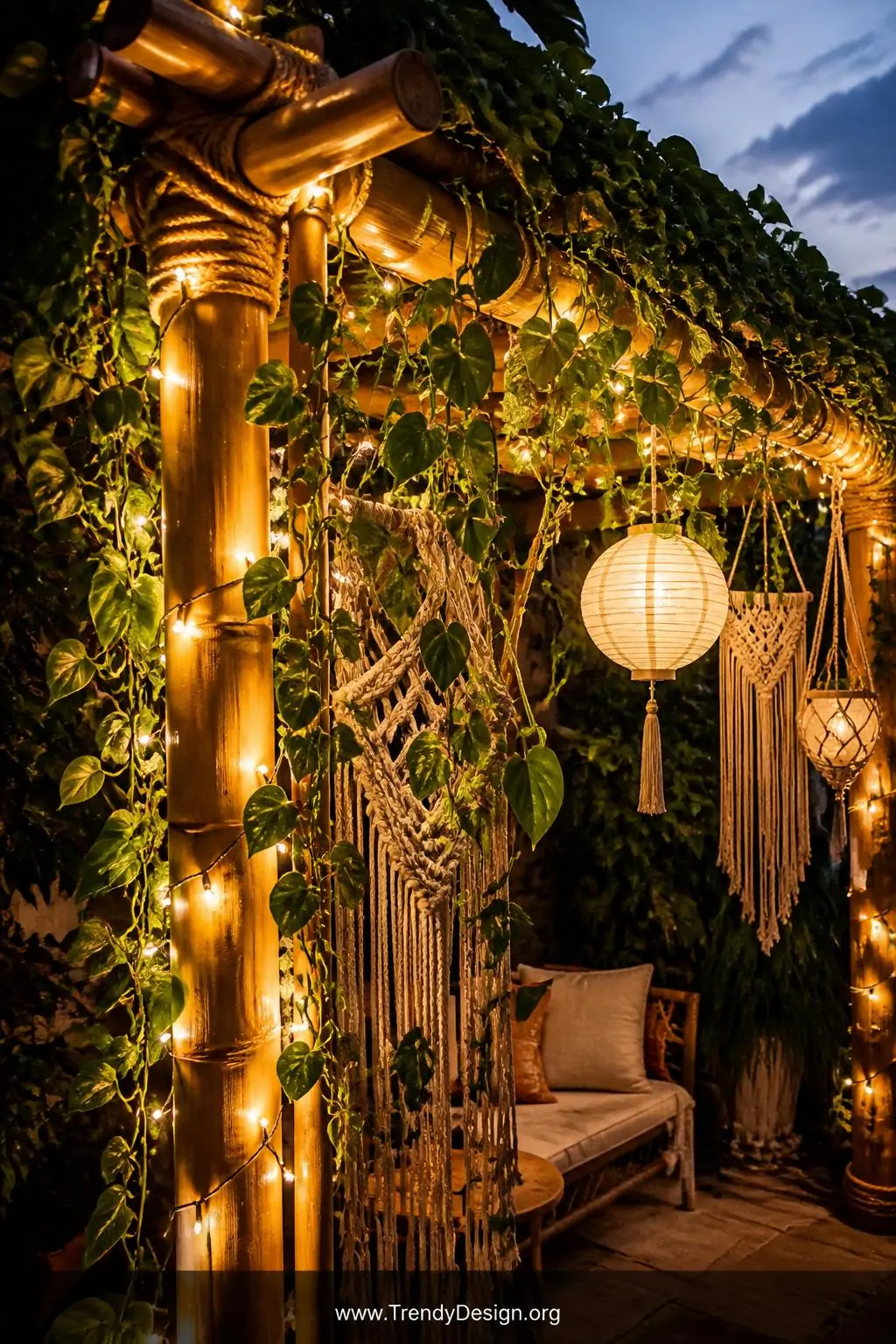 Handcrafted bamboo garden arch in a boho backyard nook, whimsical enchanted style, natural twine-lashed golden bamboo poles strung with warm white fairy lights glowing against a dusky evening sky, trailing ivy and pothos cascading in layered green abundance from the top beam, small woven macramé hangings and soft-lit paper lanterns suspended gently, closeup shot highlighting the warm amber light pooling through the textured bamboo and greenery.