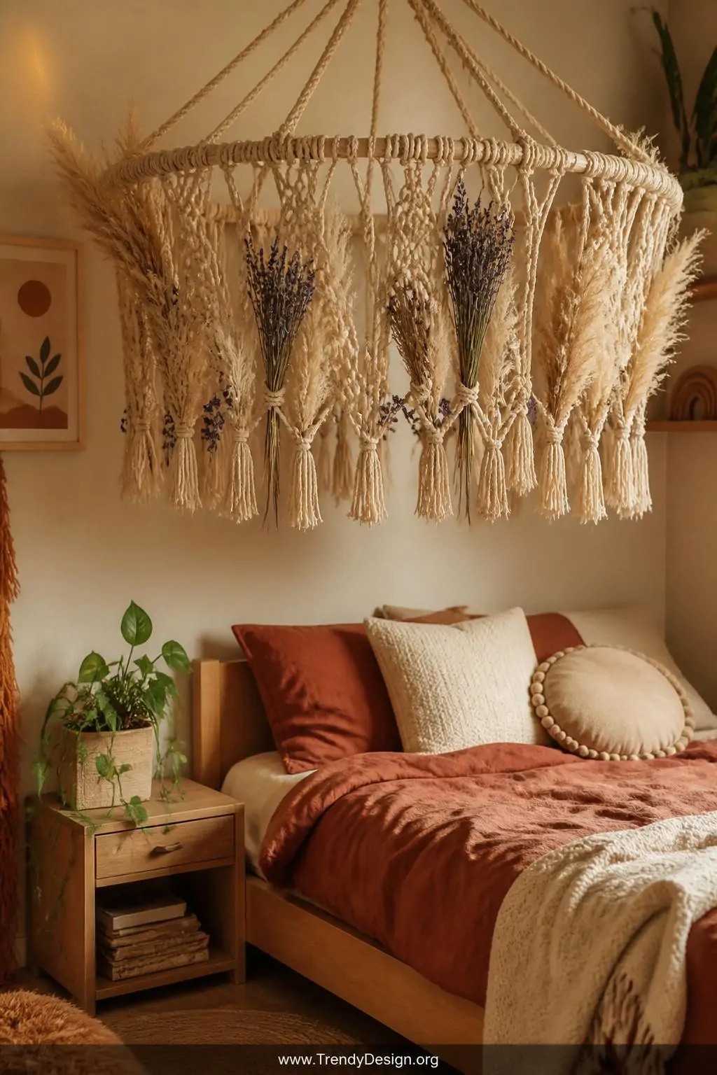 Photorealistic medium closeup shot of a beautifully textured bohemian children's bedroom canopy made from natural cotton macr