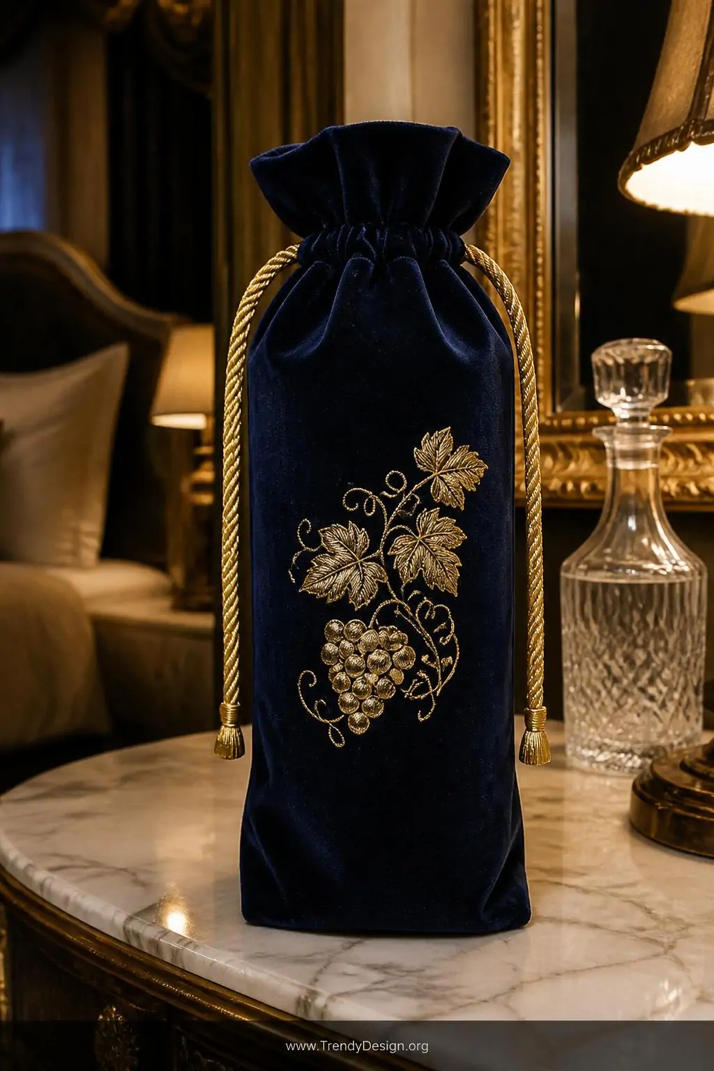 Deep navy velvet wine bottle bag with gold drawstring and metallic embroidery displayed on a marble vanity table in an elegant bedroom, warm golden accent lighting casting rich shadows across the luxurious fabric texture, closeup shot.
