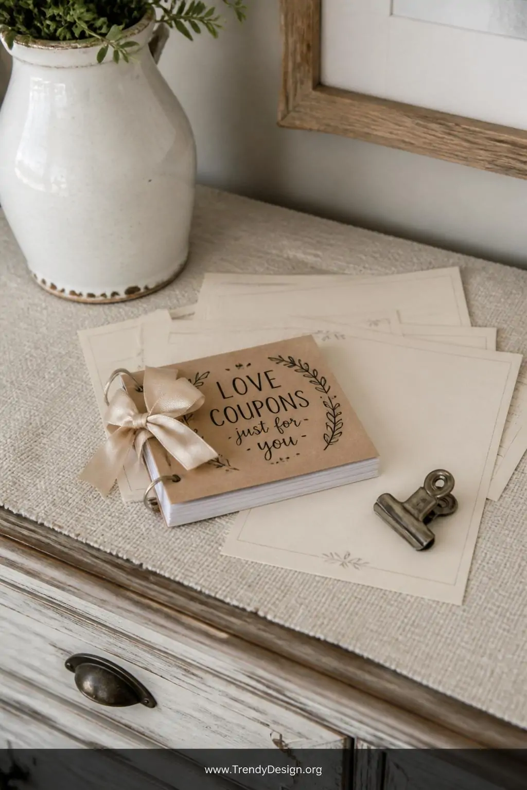 Small bound coupon booklet tied with a satin ribbon on a linen-textured surface, cover decorated with hand lettering, surrounded by scattered cream cardstock sheets and a binder clip on a rustic farmhouse side table, medium shot, photorealistic interior design