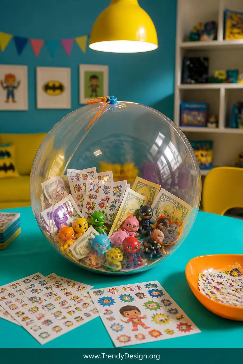 Clear balloon stuffed with colorful mini plastic figures, sticker sheets, and folded dollar bills resting on a bright turquoise tablecloth in a cheerful playroom party setup, overhead pendant light casting crisp shadows, closeup