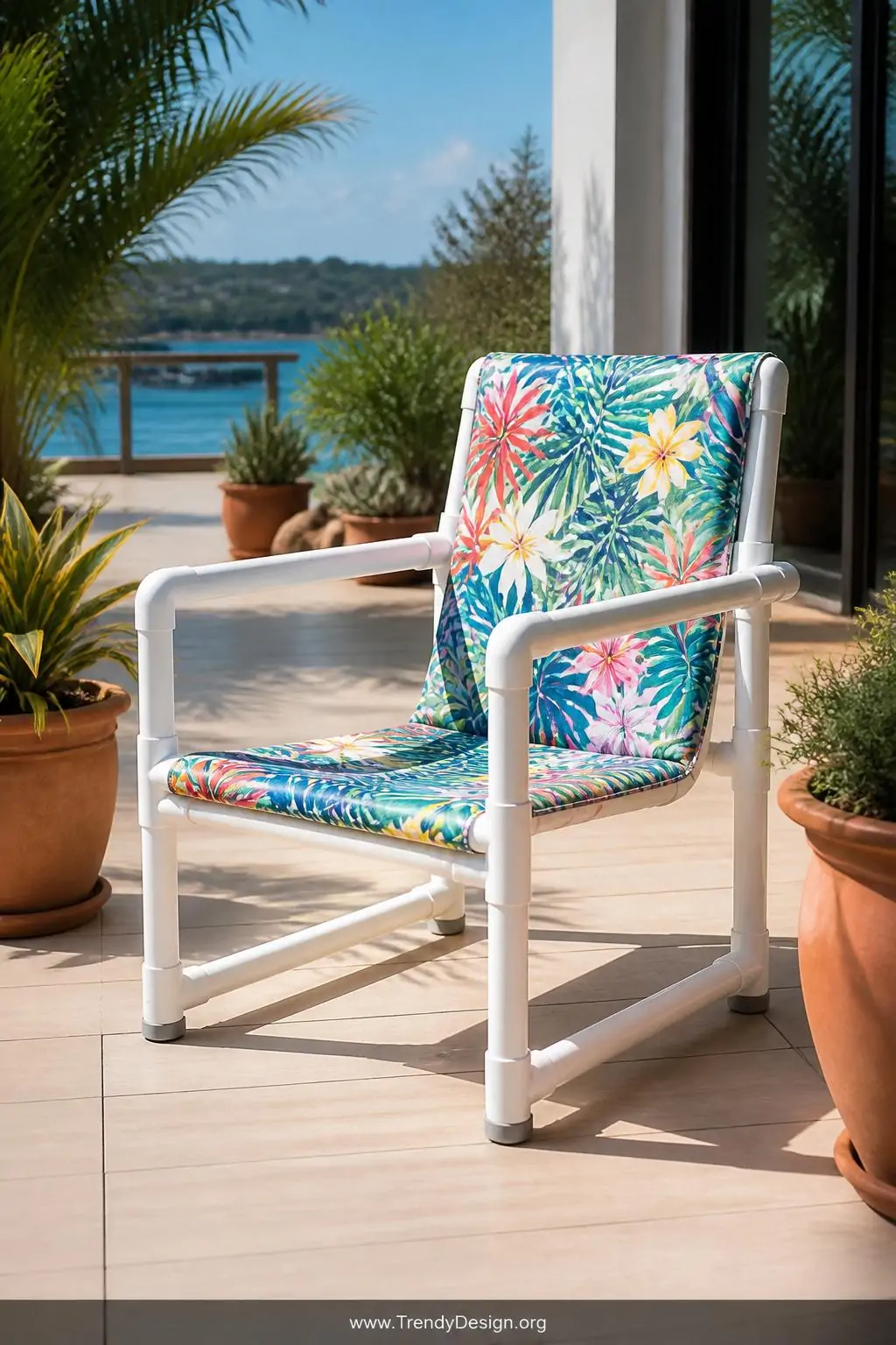 White PVC pipe patio chair with a bright tropical-print marine-grade fabric sling seat on a sunlit outdoor deck, surrounded by terracotta planters and warm afternoon sunlight, rubber-capped pipe ends resting on pale composite decking, wide outdoor shot.