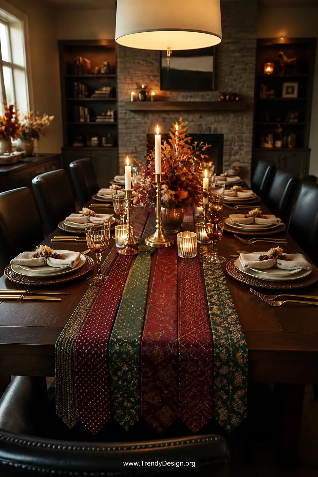 Necktie table runner in deep burgundy and forest green patterns laid across a dark oak dining table set with linen napkins and brass candlesticks, warm candlelight and overhead pendant glow, wide shot of an elegant autumn dinner party setting.