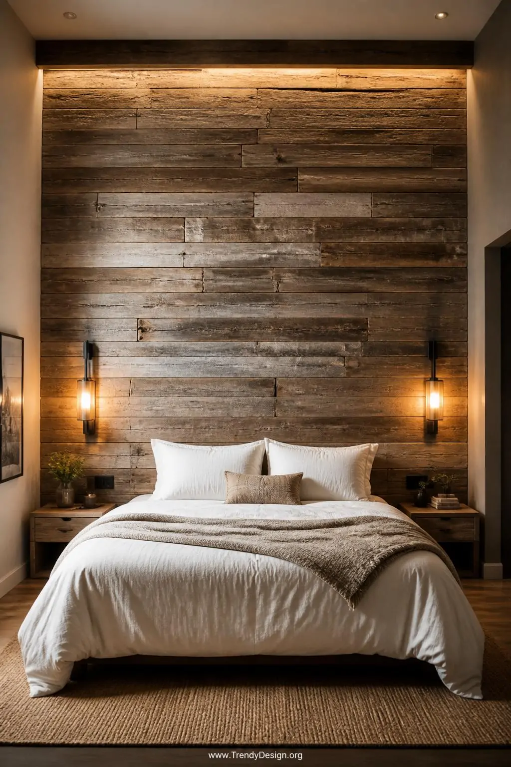Floor-to-ceiling reclaimed wood headboard built from mismatched planks in varying widths and weathered grey-brown tones behind a white linen bed, flanked by integrated wall sconces casting warm golden light, wide shot.
