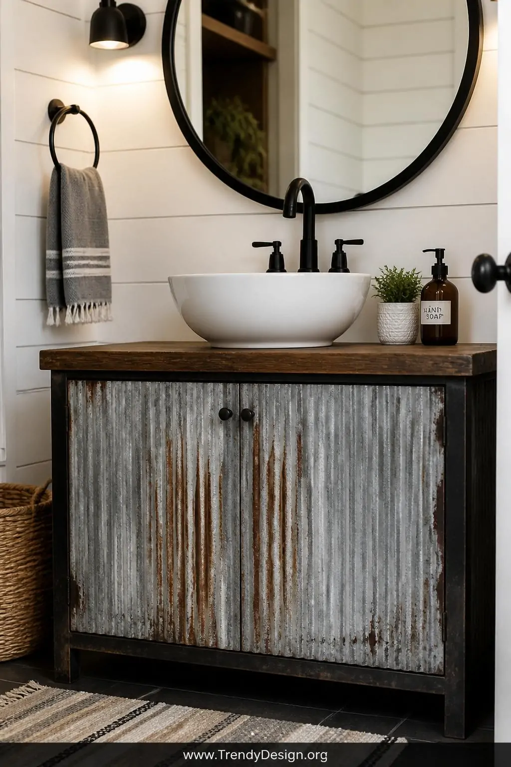Bathroom vanity cabinet wrapped in salvaged grain bin corrugated metal panels, medium closeup shot, matte black faucet fixtures and a white vessel sink contrasting against the raw industrial base, crisp white shiplap surrounding walls, moody boutique hotel farmhouse style, photorealistic interior design.