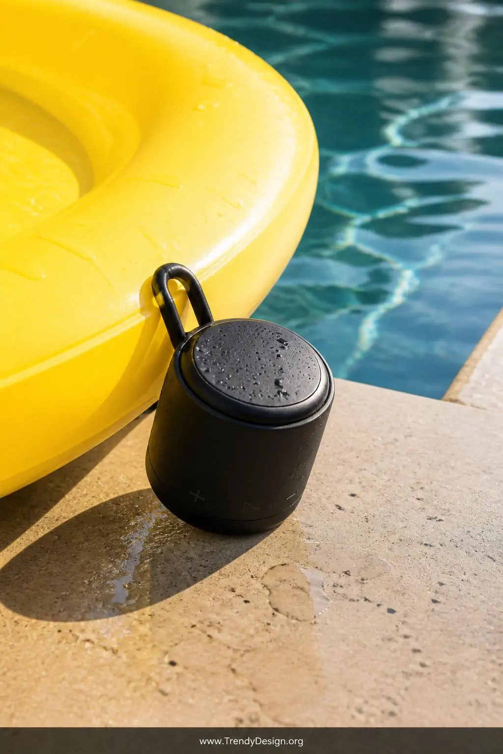 Waterproof Bluetooth speaker in matte black clipped to the edge of a bright yellow pool float, poolside accessory vignette, modern outdoor style, compact cylindrical form casting a small shadow on wet pool tile, golden afternoon sun creating warm highlights across the speaker grille, closeup shot