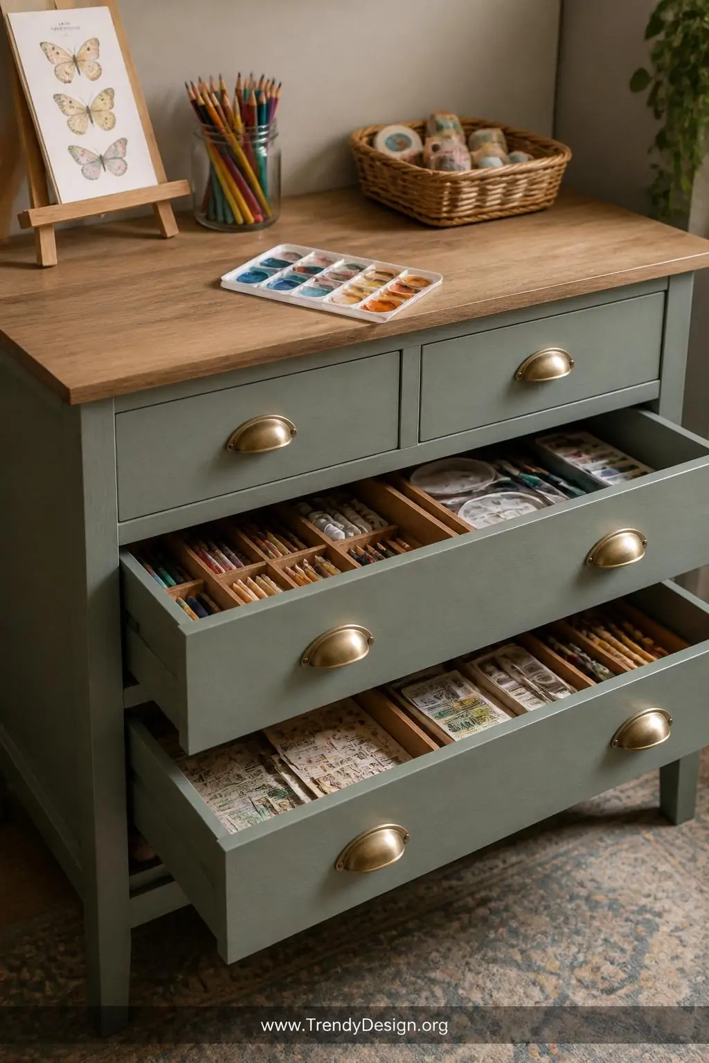 Medium shot of a charming repurposed art station built from a sage green chalk-painted vintage dresser, its open drawers neat