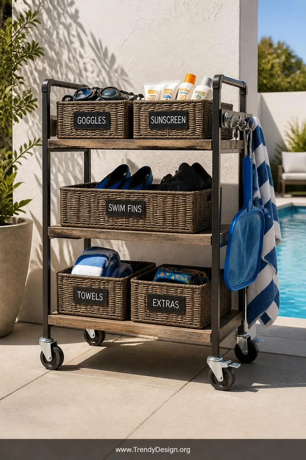 Weathered wood and black metal rolling utility cart repurposed poolside, three tiers loaded with labeled wicker bins holding goggles swim fins and sunscreen, chrome side hooks holding a skimmer net and striped towels, warm patio afternoon light, locking wheels on pale concrete deck, wide shot, photorealistic interior design.