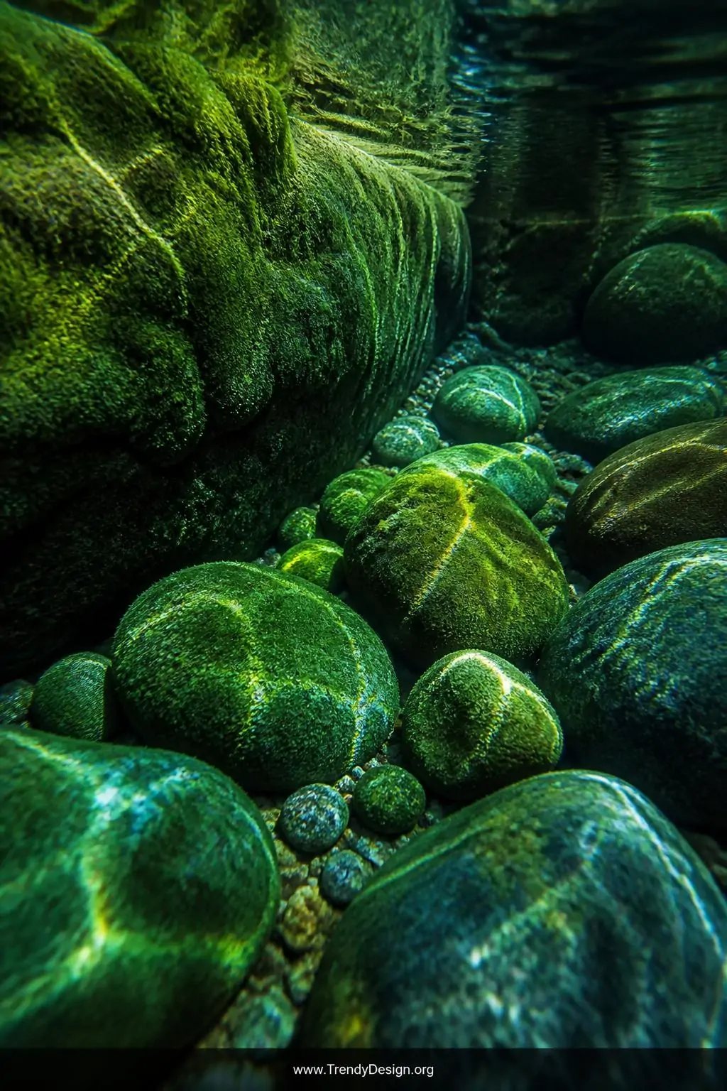 Biofilm-covered smooth river stones lining the floor and walls of a natural rock pool, fairy-tale naturalistic style, closeup shot — velvety moss-green and teal biofilm coating submerged rounded stones in rich jewel-like texture, water refracting soft caustic light patterns across the living surfaces in shades of emerald, sage, and deep charcoal.