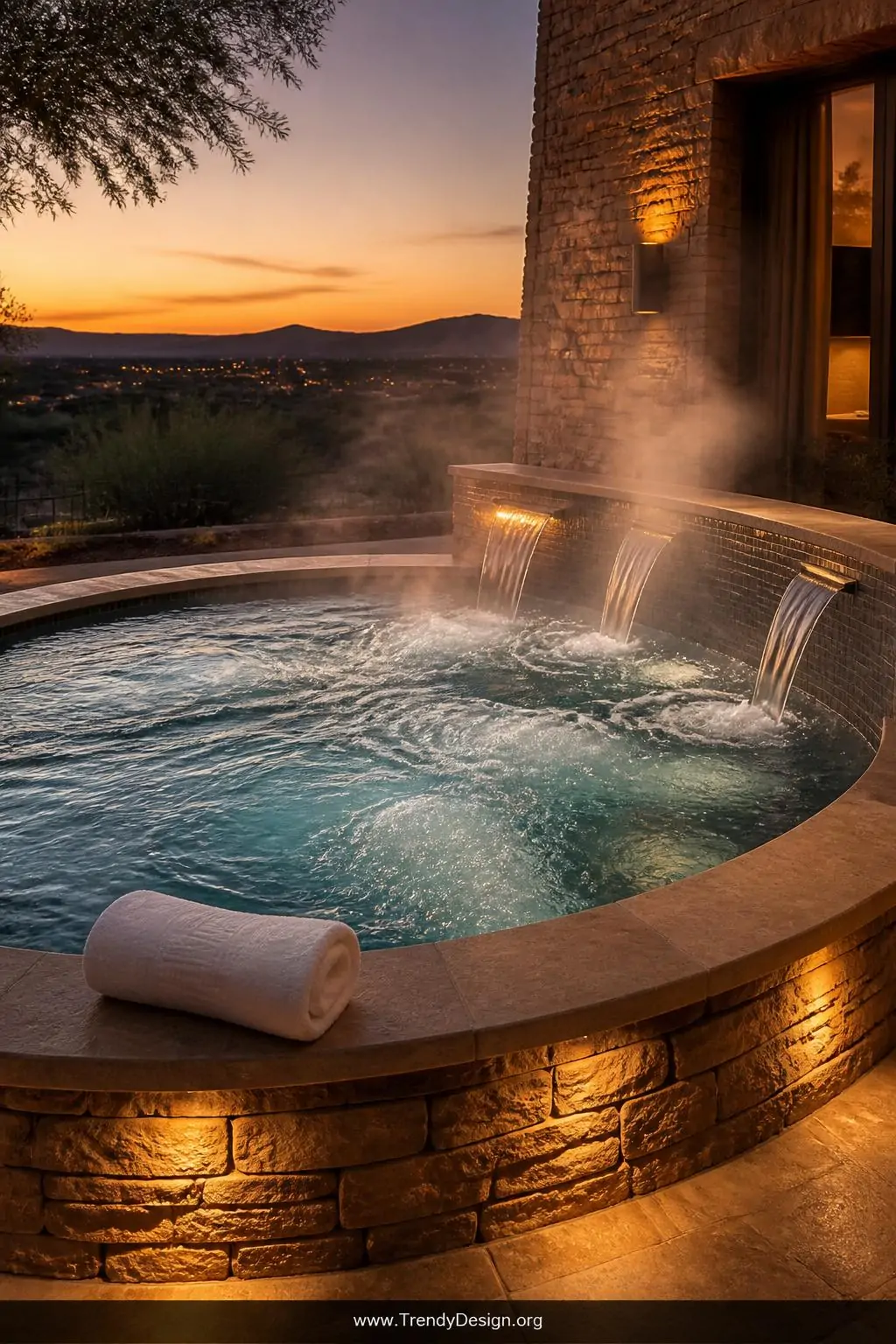 Spool hybrid spa-pool with cascading water jets bubbling across a heated teal surface, textured natural stone surround in warm sandstone tones, wispy steam rising from the water against a dusky amber evening sky, a single rolled white towel resting on the curved edge, medium shot, photorealistic interior design.