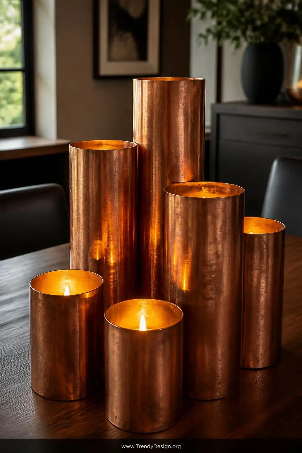 Cluster of seven copper pipe candle holders at varying heights on a dark walnut dining table, candlelight glowing warm gold inside each pipe cylinder and reflecting off the burnished copper walls, dramatic closeup.
