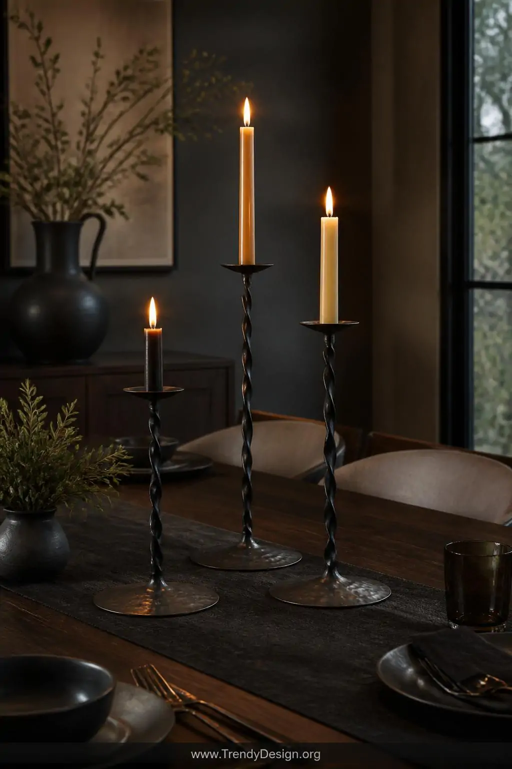 Three hand-forged iron pricket candle holders with twisted stems and wide flattened bases arranged down a dark walnut dining table at varying heights, mismatched taper candles casting moody golden light across a deep charcoal and shadow tablescape, medium shot.