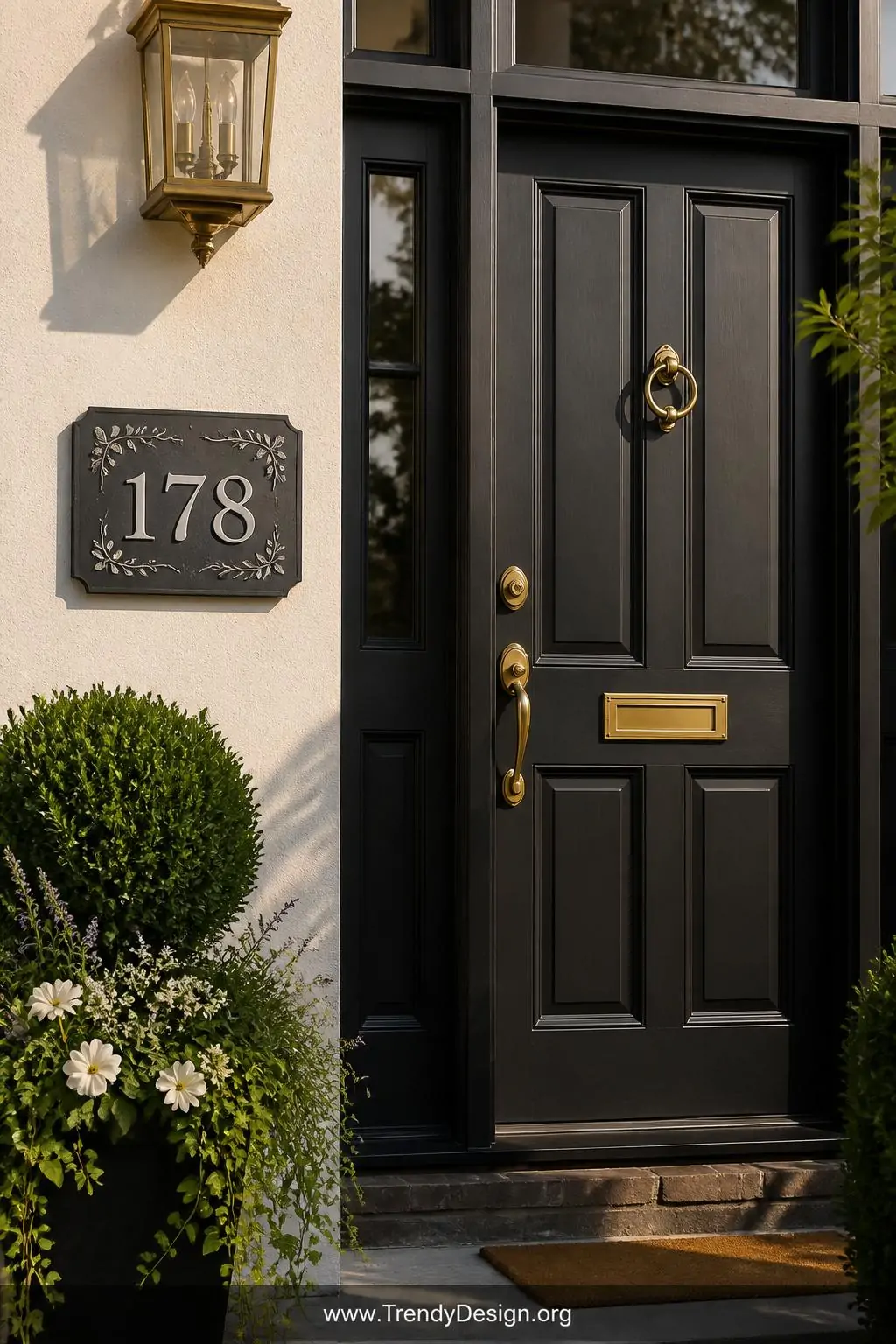 Engraved slate house number sign with white numerals and delicate painted vines mounted beside a deep charcoal front door, polished brass hardware, landscaped entryway, golden late-afternoon natural light, medium shot, photorealistic interior design, no people.