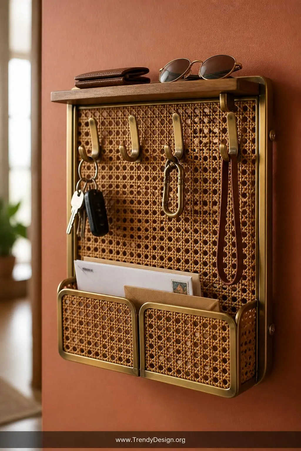 A close-up photorealistic interior design image of a wall-mounted rattan and brass key and mail organizer affixed to a warm t