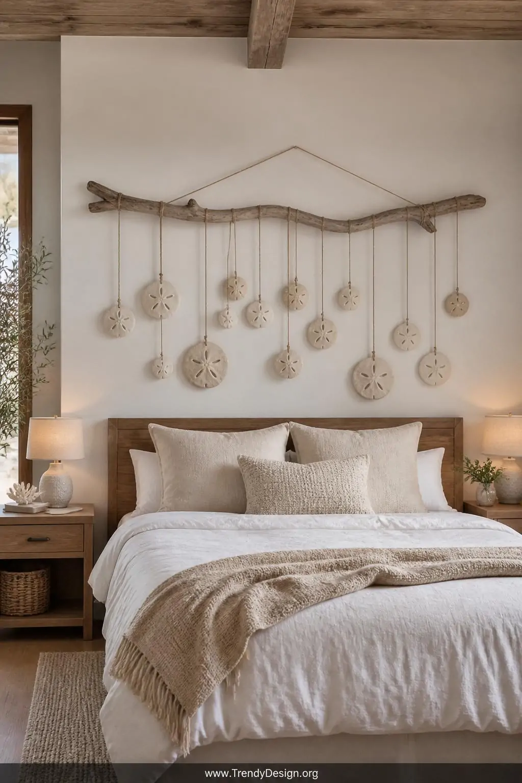 Driftwood branch hung on a linen-white bedroom wall with multiple sand-textured sand dollar ornaments dangling from natural twine at varying lengths, warm ambient light, coastal bohemian style, wide shot