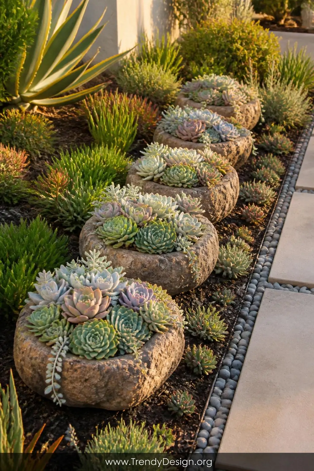 Five hollow ceramic rock planters lined up in a neat caterpillar formation in a sunny garden bed, each planter overflowing with compact rosette echeveria and silvery hens-and-chicks succulents spilling softly over terracotta-toned edges, lush varied succulent textures in sage green dusty rose and blue-grey, warm golden afternoon light, medium styled shot.