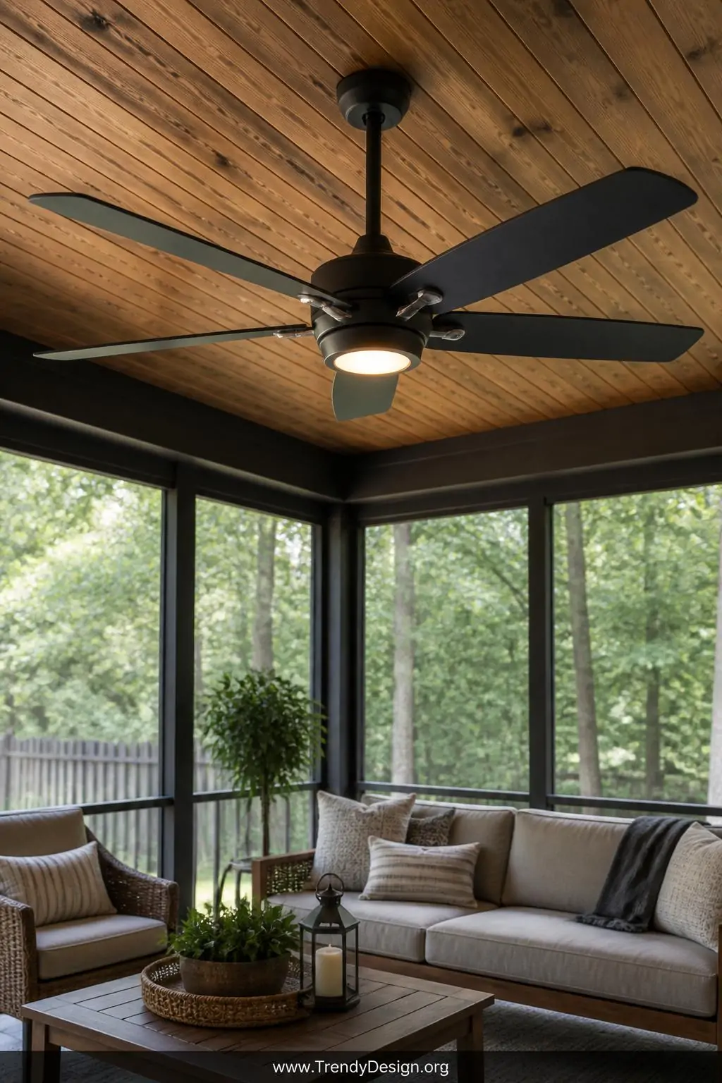 Matte black ceiling fan with built-in light kit mounted above a styled screened porch seating area, brushed metal hardware catching warm light, medium wide shot looking up at fan against a tongue-and-groove wood ceiling.
