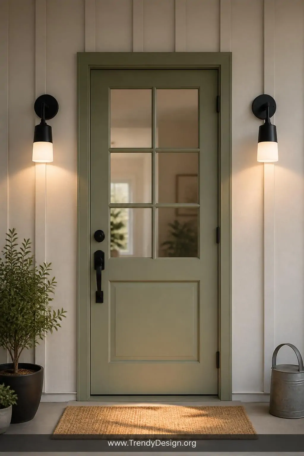 Pair of matte black wall sconces with frosted glass shades mounted symmetrically on either side of a sage green back door, warm downward light pooling onto a natural fiber doormat below, medium shot highlighting polished symmetry against board-and-batten siding, photorealistic interior design.