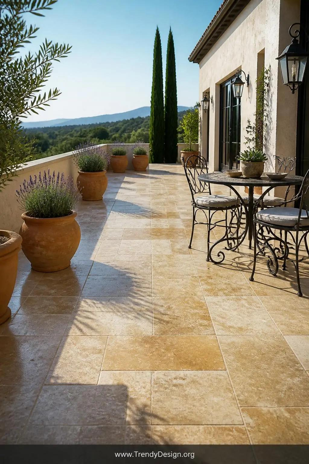 Honed travertine stone pavers in warm cream and gold tones covering a sun-drenched Mediterranean-style terrace, natural veining glowing in direct afternoon sunlight, terracotta pots with lavender, wrought iron bistro furniture, smooth sealed surface with filled pits, wide shot, photorealistic interior design.