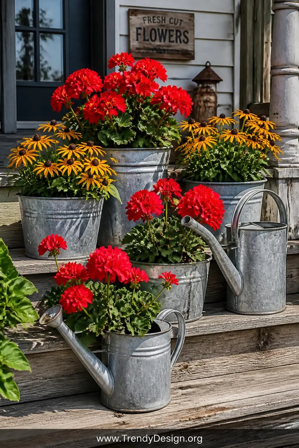 Grouped cluster of five galvanized metal buckets and vintage watering cans on weathered front porch steps, closeup shot, bursting with bright red geraniums and golden black-eyed Susans against the cool silver-gray metallic finish, natural aged patina texture catching sharp afternoon sunlight, photorealistic vintage farmhouse entryway design.