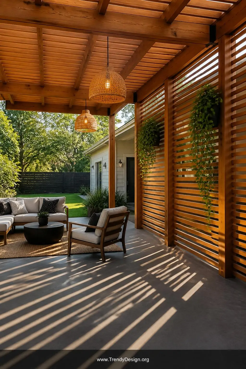 Cedar pergola with horizontal slatted privacy screen panels on a spacious backyard porch, warm afternoon light streaming through the evenly spaced wood slats in golden diagonal stripes across a slate-grey concrete floor, hanging rattan pendant lights glowing softly, trailing pothos cascading from mounted planters, medium wide shot capturing the full architectural structure.