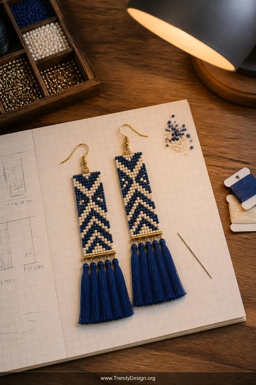 Tiny woven Miyuki Delica bead panels in precise geometric chevron patterns in navy and ivory above solid cobalt silk tassels, resting on graph paper beside a beading needle on a wooden craft desk, warm overhead lamp light, medium overhead flat-lay shot.