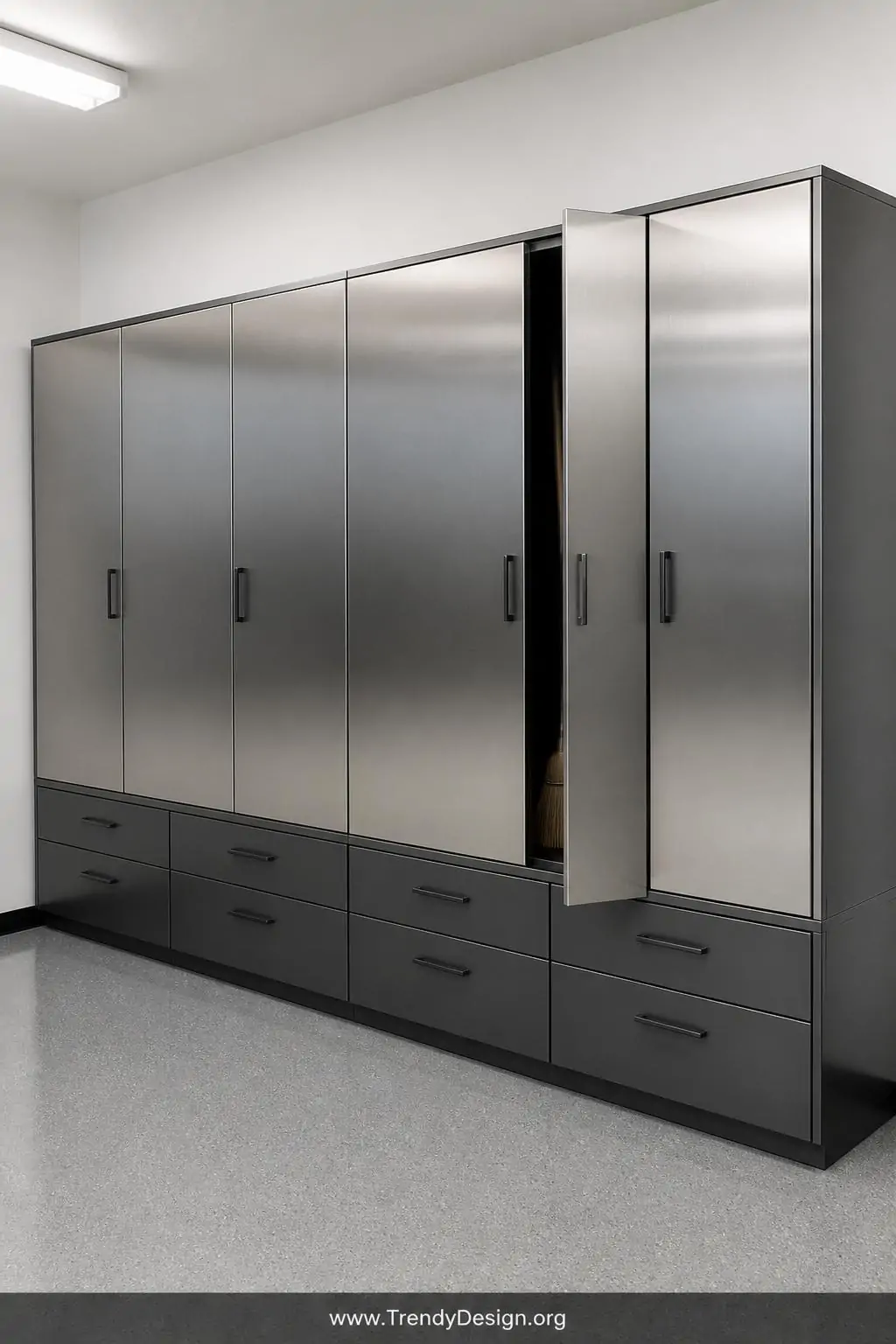 Medium photorealistic interior design shot of a row of tall freestanding metal utility cabinets in brushed steel finish with 