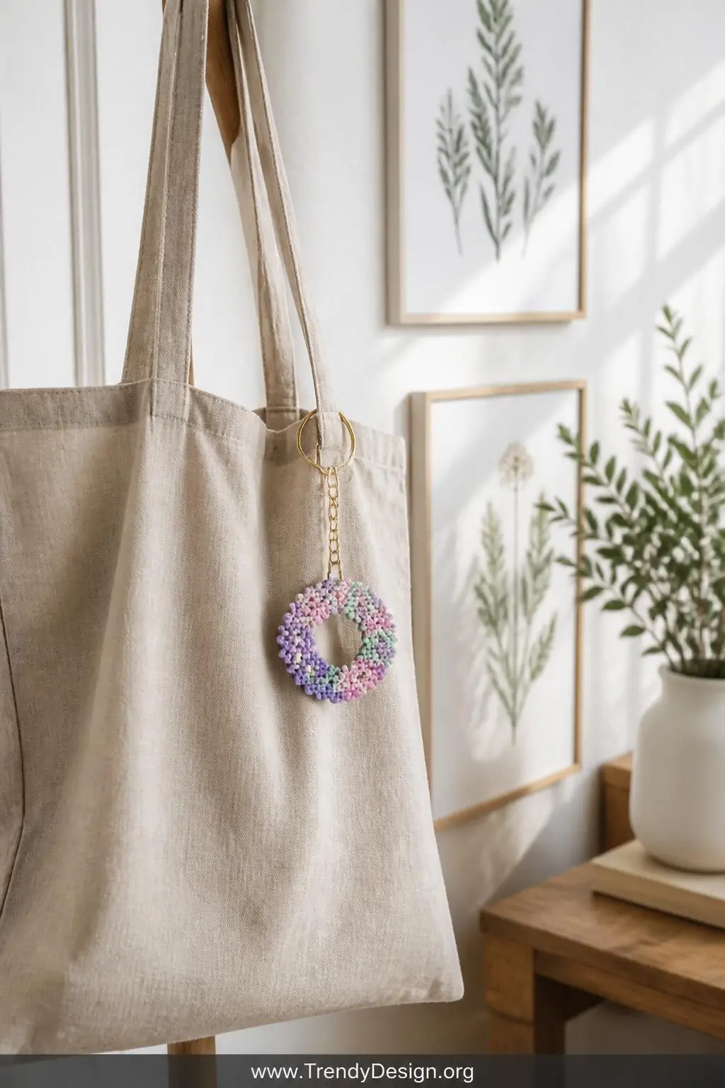 Delicate floral wreath Perler bead keychain in lavender, soft pink, and mint green hanging from a linen tote bag handle against a sunlit white wall, botanical prints in background, wide lifestyle shot