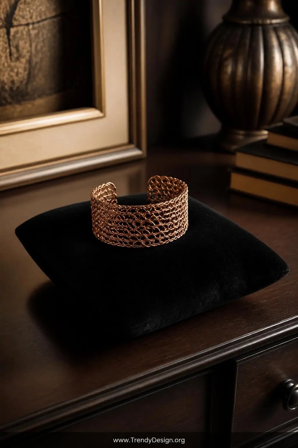 Intricately woven copper wire cuff bracelet with chainmail-like texture displayed on a black velvet jewelry pillow atop a dark walnut dresser, dramatic side lighting highlighting every woven detail, medium closeup shot