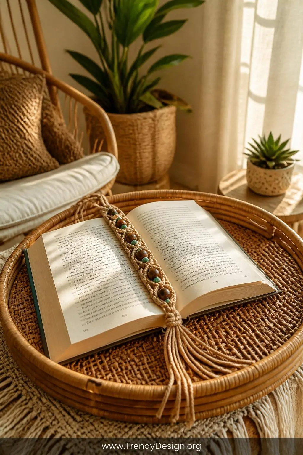 Boho macramé and bead bookmark lying across an open book on a woven rattan tray, natural jute cord with square knots cradling round wooden and turquoise stone beads in earthy tones, warm golden afternoon light filtering through sheer curtains, bohemian reading nook, wide shot.