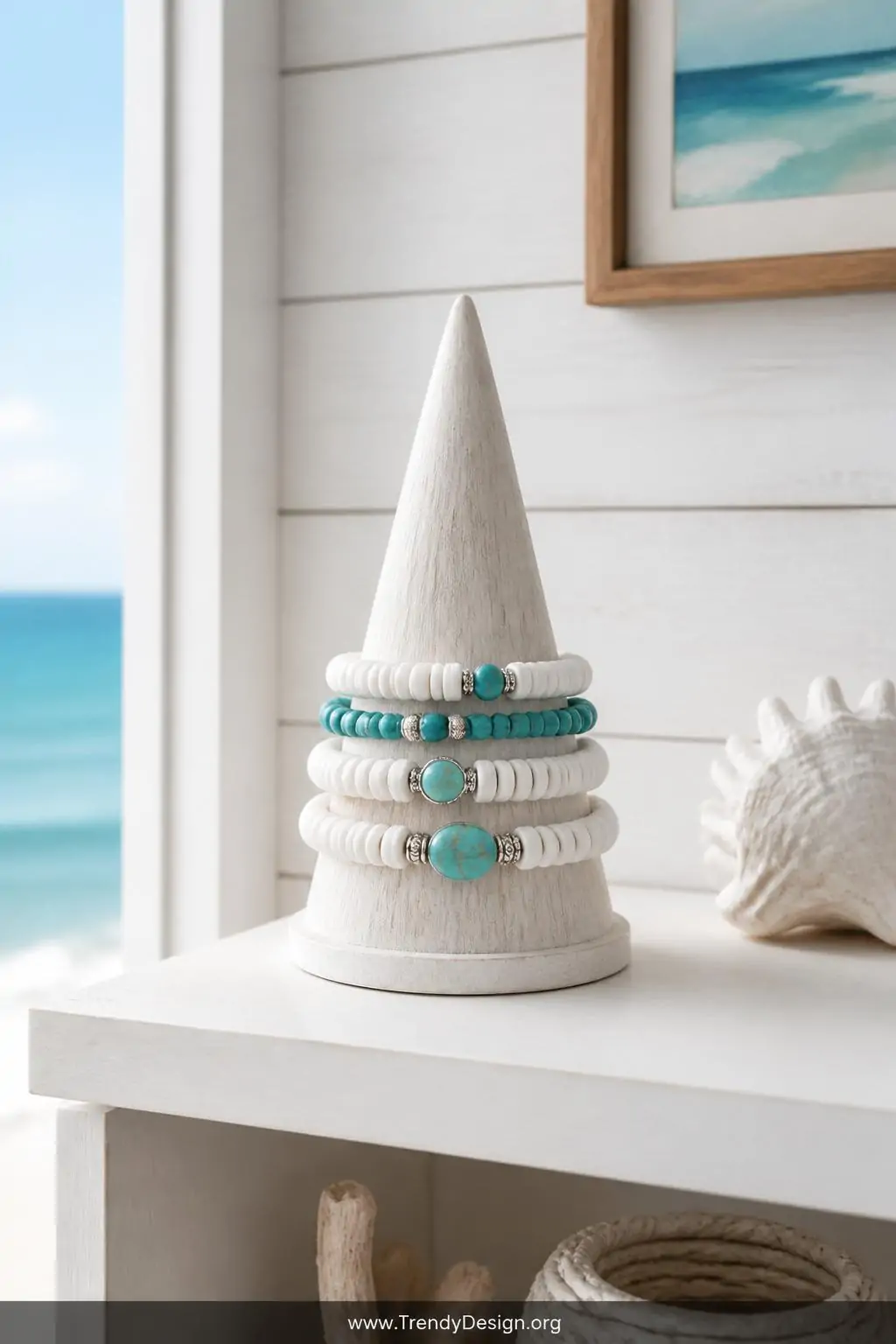 Stack of four white puka shell and turquoise stone stretch bracelets layered on a bleached wooden bracelet cone displayed on a bright coastal shelf with whitewashed shiplap wall behind, airy natural daylight, medium shot, photorealistic interior design