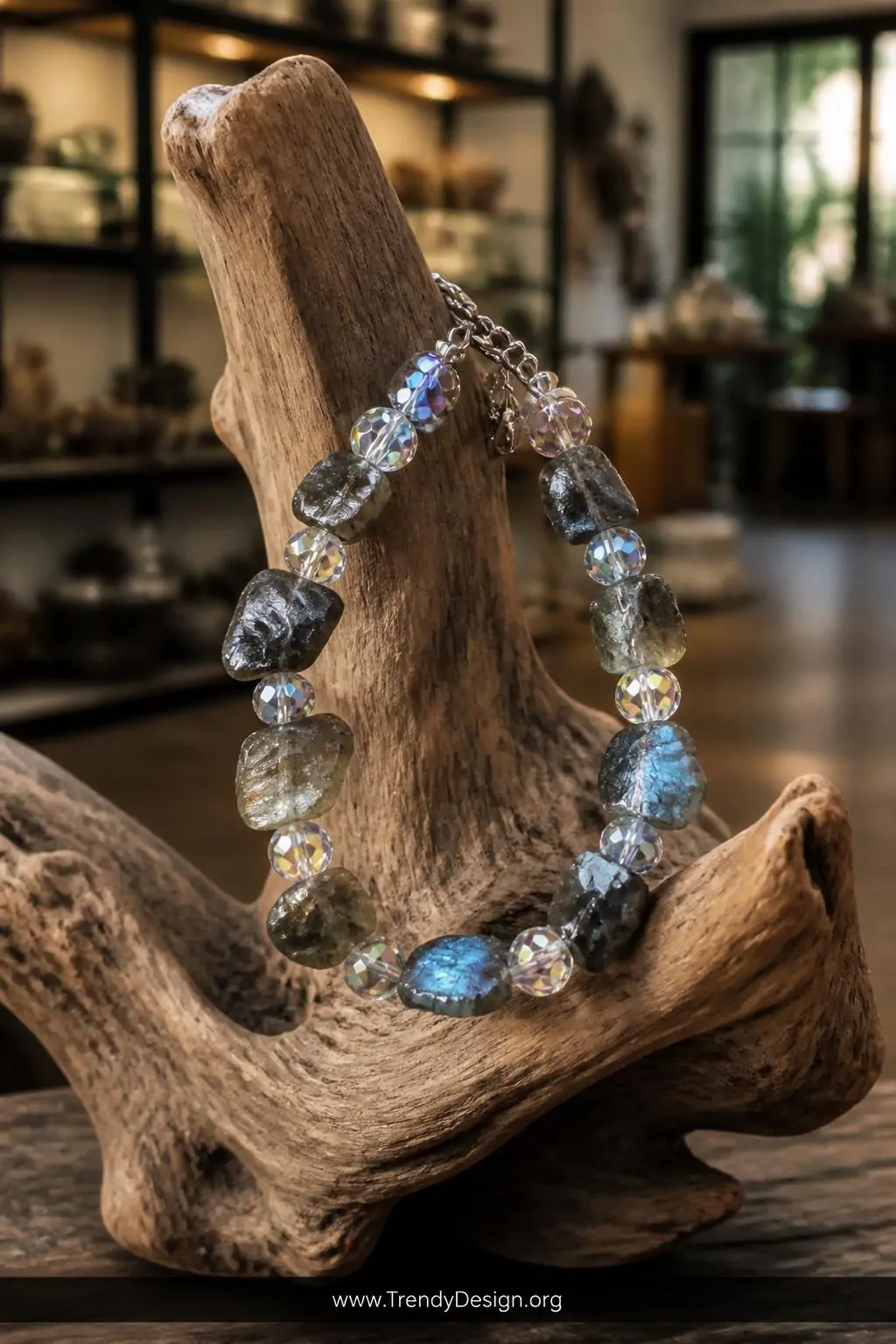 Irregular labradorite stone chip bracelet mixed with iridescent AB crystal faceted rounds displayed on a weathered driftwood jewelry stand, artisan studio setting, closeup capturing the organic rough-smooth textural contrast and the prismatic light refracting through the crystal beads.