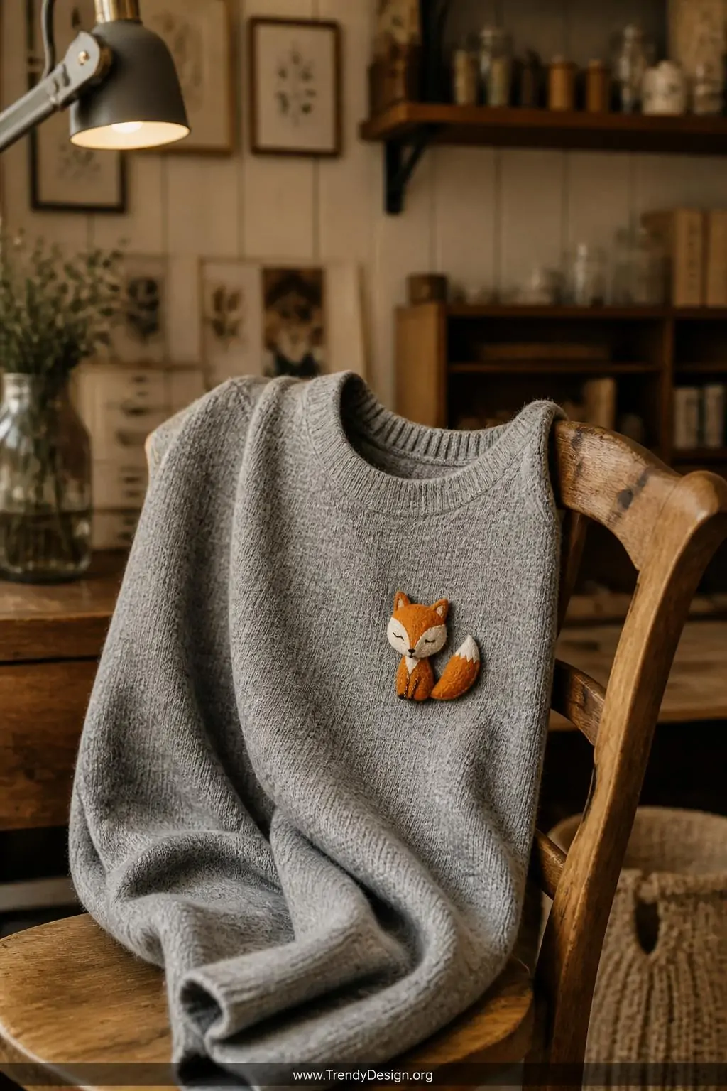 Tiny wool felt fox brooch with embroidered details and fiberfill dimension displayed on a cozy heathered grey knit sweater draped over a wooden craft chair in a warm hygge-style studio, soft golden lamplight, medium shot