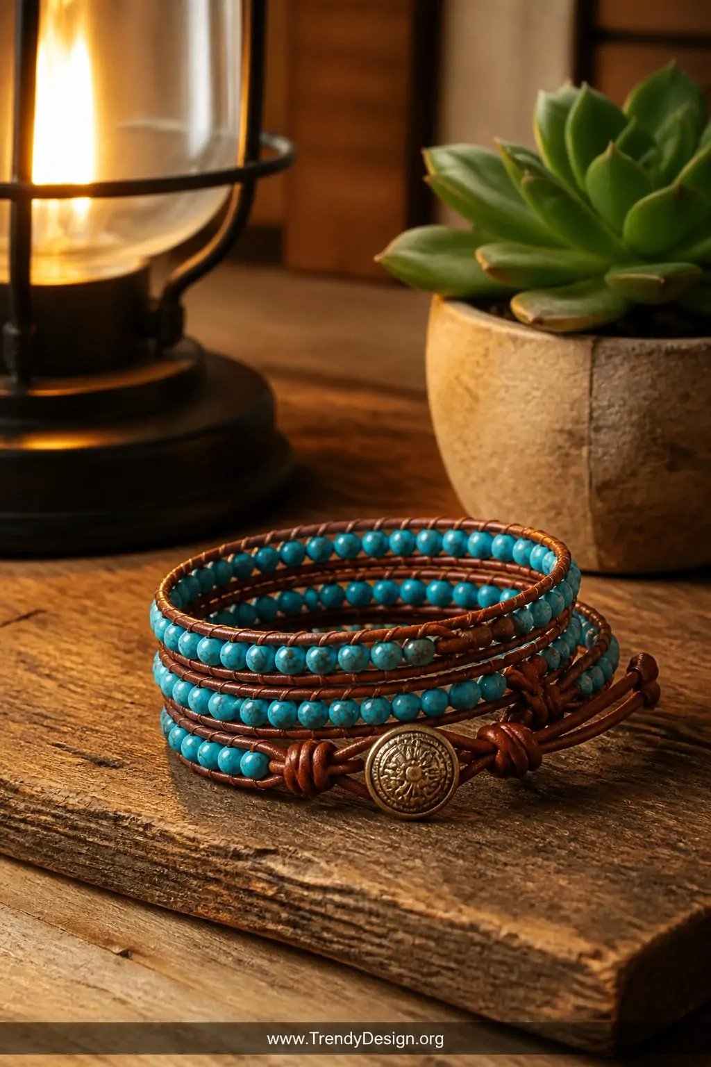 Turquoise bead and brown leather wrap bracelet coiled naturally on a rustic reclaimed wood surface beside a small succulent plant, warm amber lamp light, medium shot highlighting the rich contrast between the vivid blue-green turquoise beads and the earthy leather cord texture.