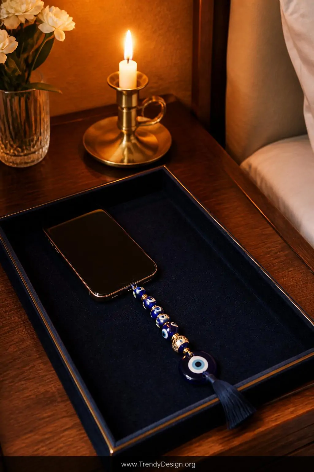 Evil eye glass bead phone charm in cobalt blue, white, and gold arranged on a deep navy velvet tray beside a brass candle holder on a wooden nightstand, warm amber candlelight glow, medium shot