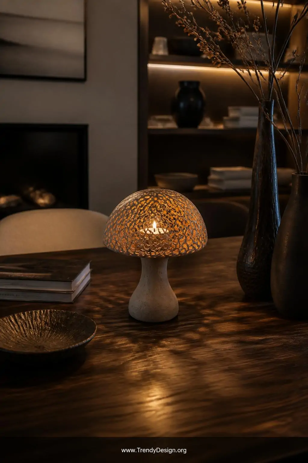 Clay mushroom candle holder with a hollow sculpted cap cradling a glowing tealight on a dark walnut dining table centerpiece, warm amber candlelight radiating through thin polymer clay walls casting delicate shadow patterns across the table surface, moody intimate medium shot, photorealistic interior design