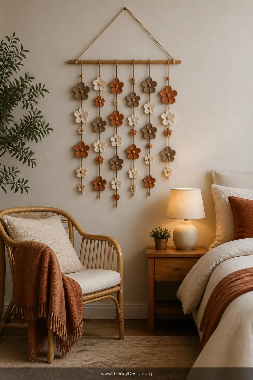 Clay flower wall hanging with terracotta, cream, and warm taupe five-petal blooms and daisies threaded on jute twine from a wooden dowel, mounted above a boho bedroom reading nook with warm ambient lighting, wide shot.