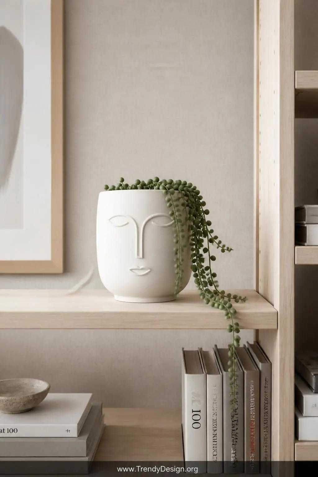 Minimalist matte white face planter with clean incised line-drawn features sitting on a pale birch wood shelf in a Scandinavian-inspired home office, soft diffused north-facing window light, warm sand linen backdrop, single trailing string of pearls plant, medium shot.
