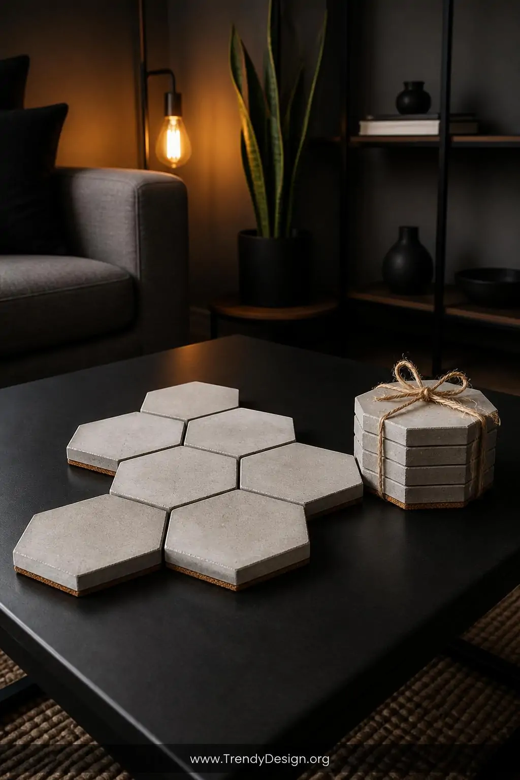 Hexagonal concrete coasters with cork backing arranged in a honeycomb cluster on a matte black coffee table beside a bundle of six wrapped in twine, moody warm Edison bulb lighting in a modern minimalist living room, medium shot highlighting the geometric honeycomb formation.