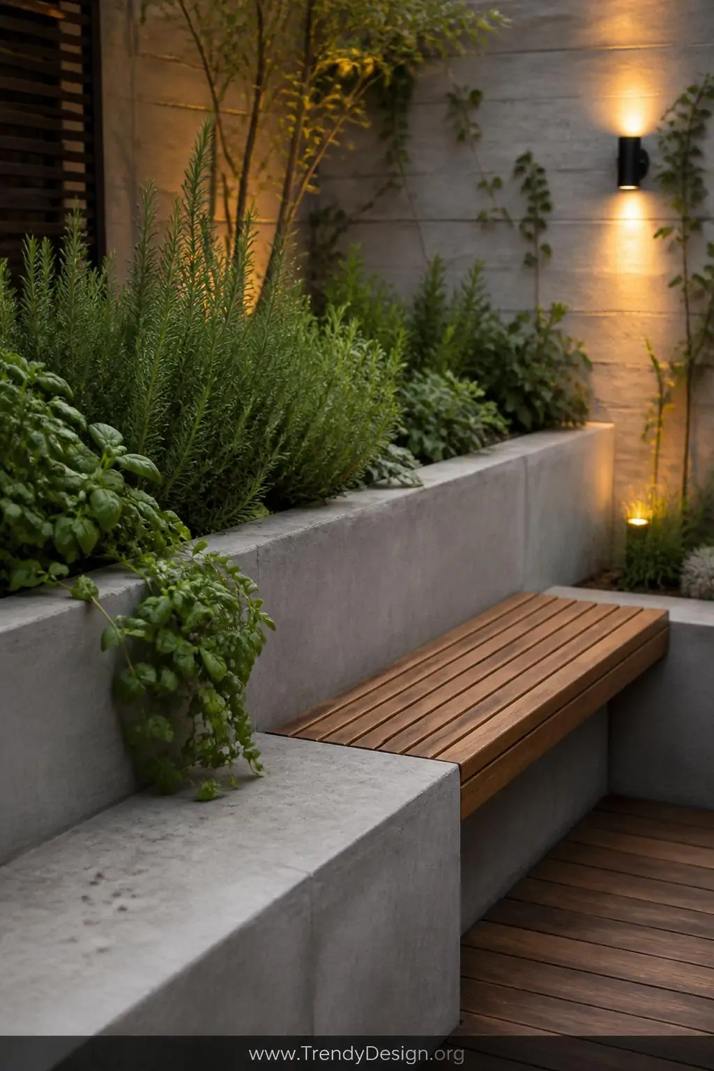 Concrete raised garden bed with an integrated bench seat on a small urban courtyard patio, contemporary functional style, matching gray poured concrete walls and bench capped with warm honey-toned wooden slats, lush rosemary and basil spilling over the planter edge, soft ambient evening lighting, medium shot emphasizing the seamless concrete-to-bench transition