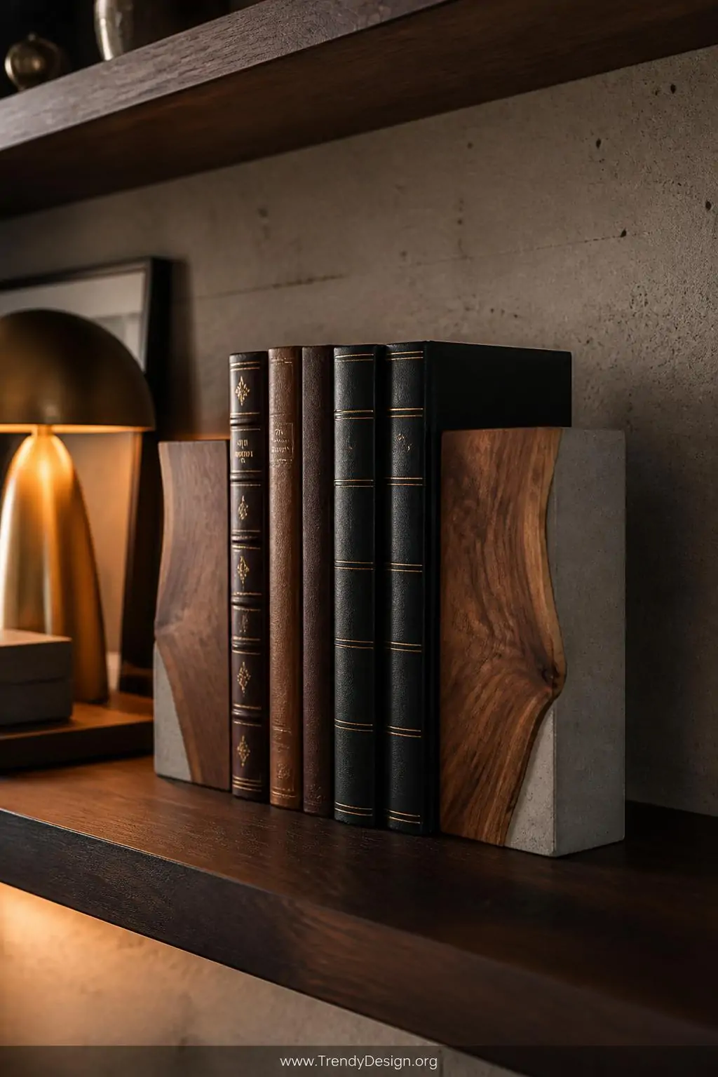 Concrete and live-edge walnut wood combination bookends with rich oiled wood grain pressed against gray concrete base holding leather-bound books on a dark walnut floating shelf, warm mid-century modern study with low amber table lamp illuminating the organic wood texture against cool concrete, closeup shot.