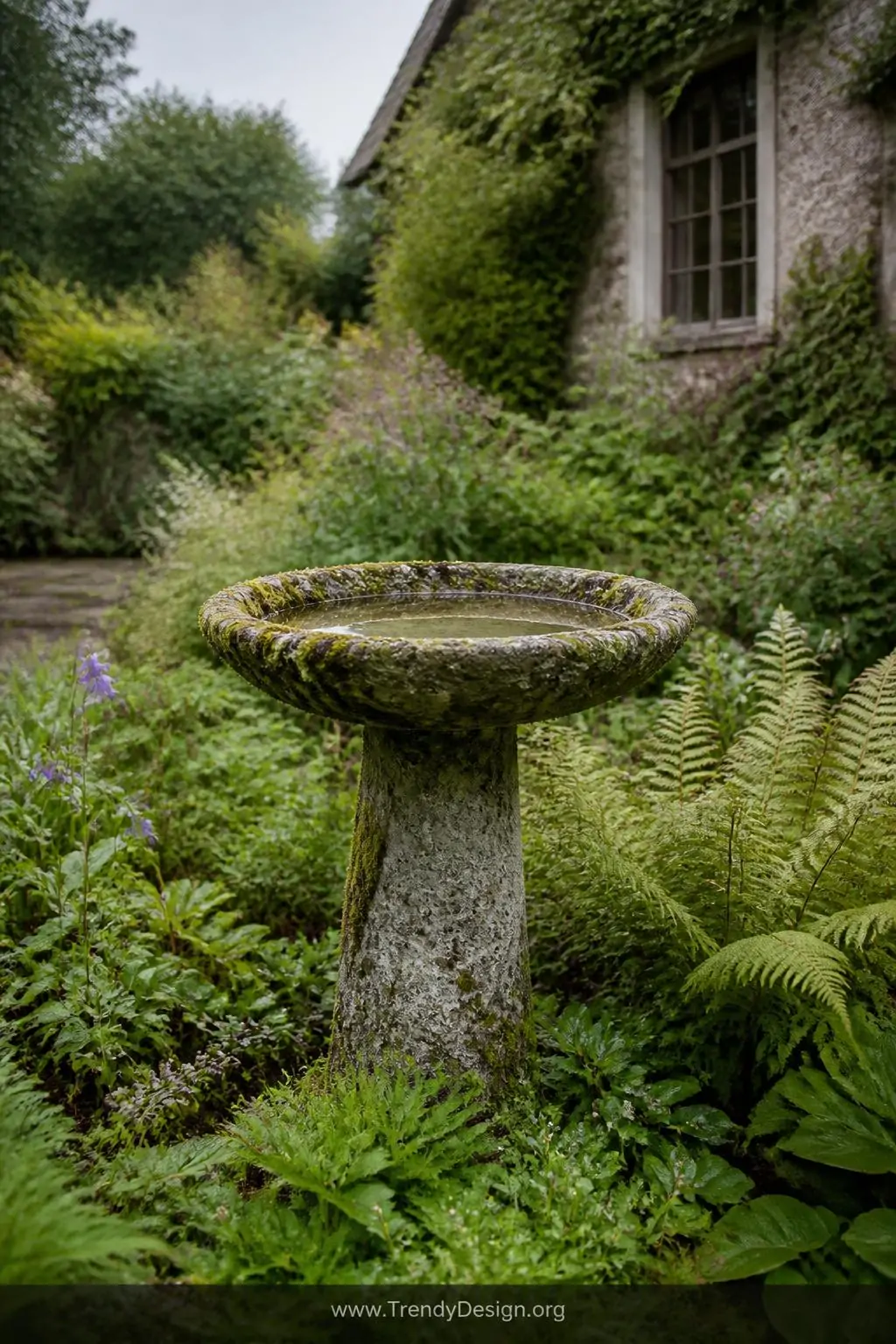 Hypertufa concrete bird bath with wonderfully rough porous surface covered in patches of natural moss and lichen growth, overgrown cottage garden setting, aged organic style, soft gray-green coloring with textured moss spreading across the basin rim, overcast diffused daylight enhancing the weathered texture, wide shot showing lush surrounding plantings.