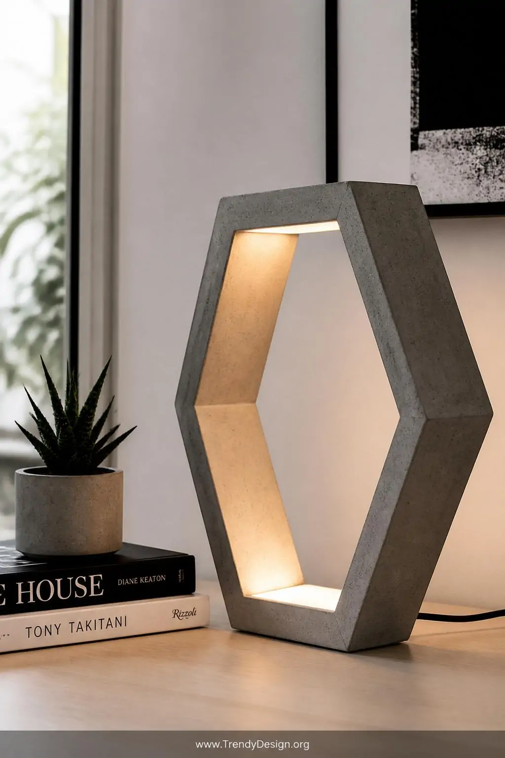 Angular hexagonal concrete desk lamp with sharp geometric edges on a white oak work-from-home desk beside stacked books and a small succulent, cool-warm contrast lighting, sculptural closeup, modern minimalist home office, closeup shot, photorealistic interior design.