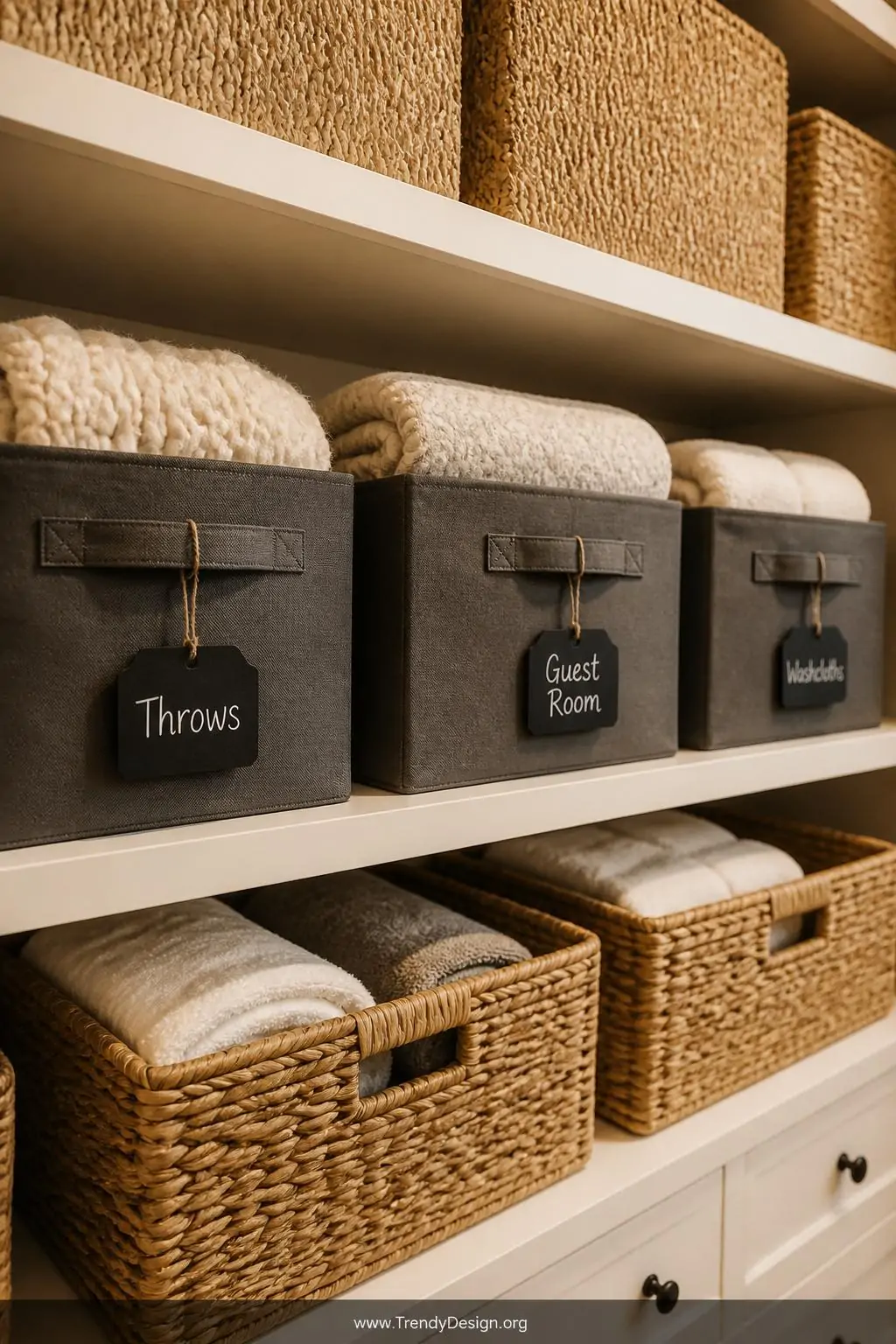Wide shot of a linen closet shelf row featuring a collection of natural seagrass woven baskets and slate grey labeled fabric 