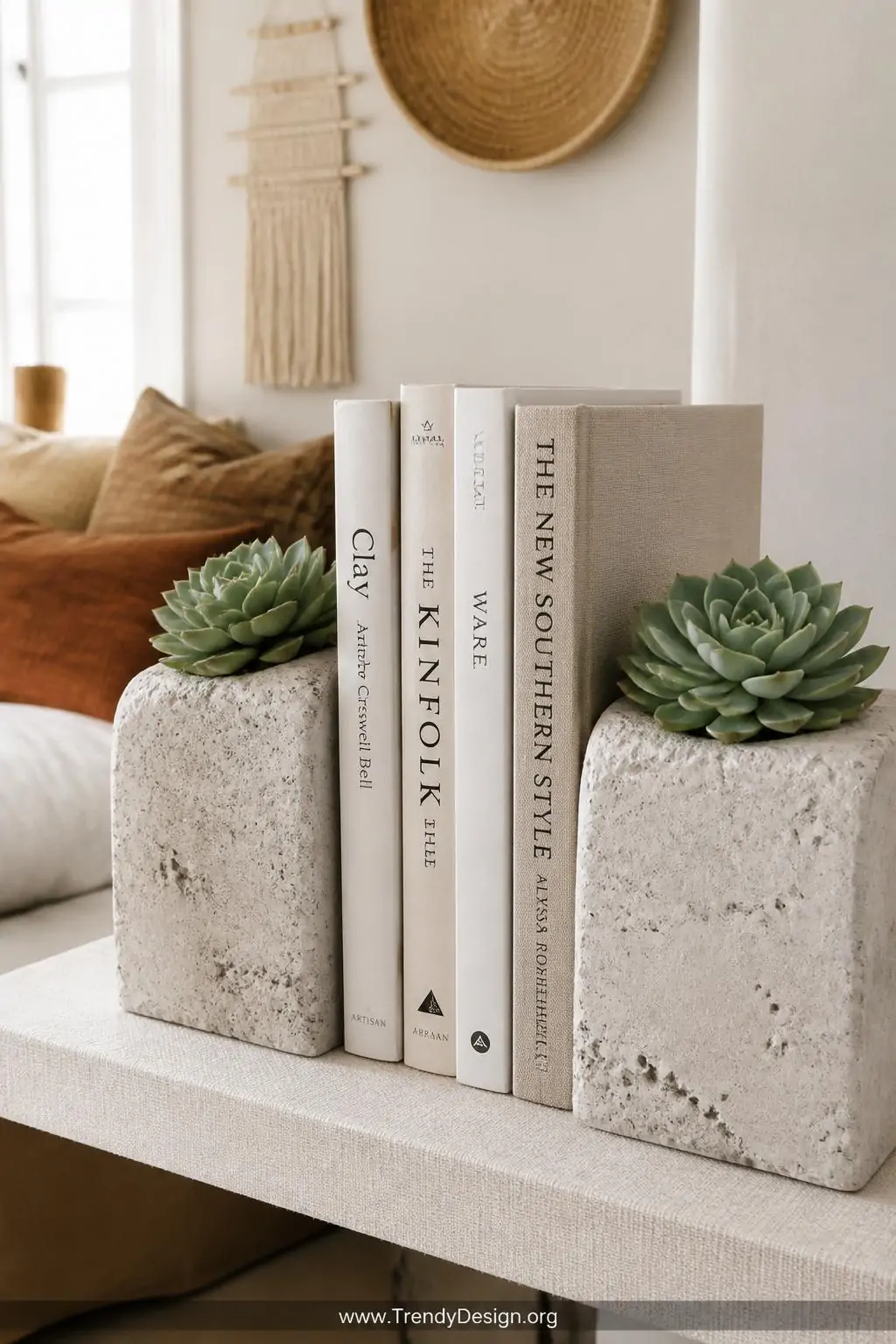 Concrete bookends with plump green Echeveria succulents nestled into small hollow cavities on top, anchoring books on a light linen-styled shelf, bohemian bedroom, closeup shot, soft morning window light illuminating the contrast between the rough pale concrete and the fleshy rosette leaves.