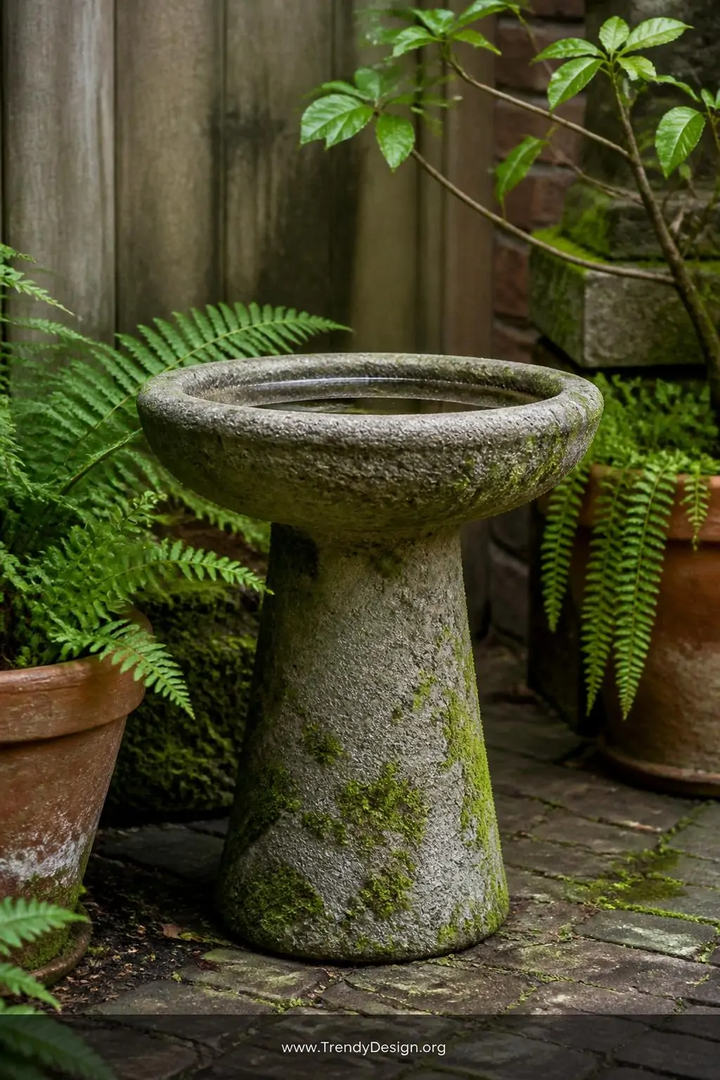Hypertufa concrete bird bath with a naturally porous, weathered stone-like surface in muted gray-beige, patches of velvety green moss already forming across the exterior, nestled among ferns and aged terracotta pots in a shaded garden corner, soft diffused light, medium shot.