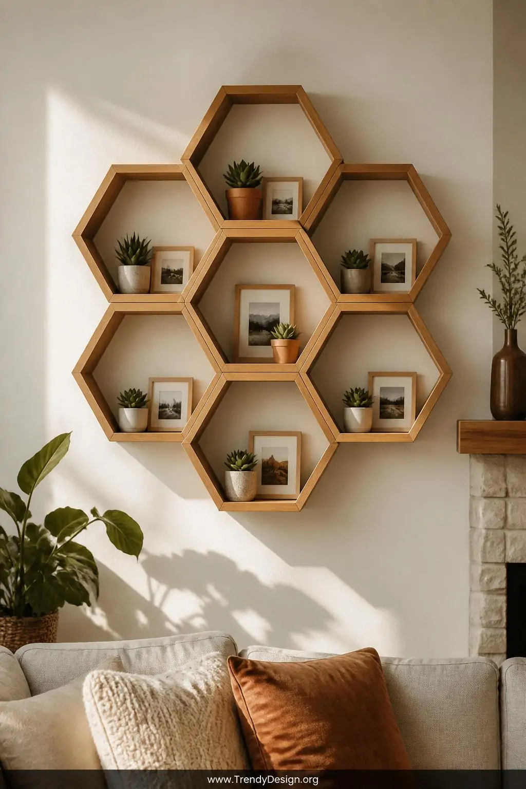 Cluster of seven natural wood hexagonal frames arranged in a honeycomb pattern on a soft white living room wall, tiny succulents and small photos nestled inside each geometric compartment, warm afternoon sunlight highlighting the 30-degree angled wood joints and earthy tones, medium shot capturing the full honeycomb arrangement.
