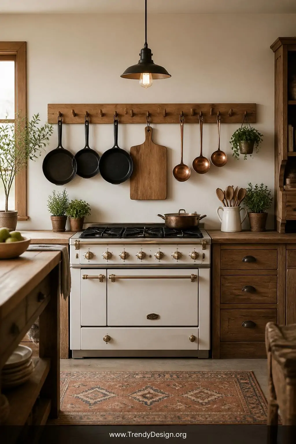 Thick maple wood peg rail mounted above a farmhouse kitchen stove, cast iron pans and copper ladles hanging from S-hooks, a wooden cutting board propped between pegs, small potted herbs tucked along the wall nearby, warm Edison bulb pendant light overhead, wide shot of a rustic cream and wood-toned kitchen.