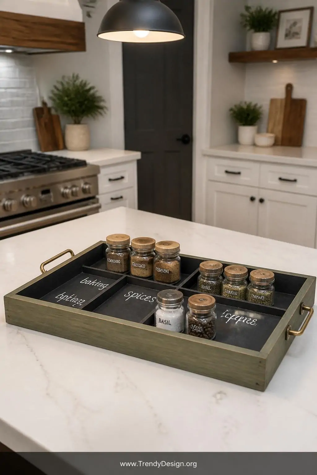 Chalkboard-bottom wooden kitchen tray on a white quartz kitchen counter in a modern farmhouse kitchen, dark matte chalkboard paint interior contrasting a sage green stained exterior with handwritten chalk labels organizing small spice jars, bright overhead pendant light illuminating the tray surface, medium shot, photorealistic interior design.